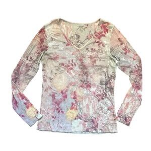 Vintage 90s Fairy Grunge Floral Print Long Sleeve V-Neck Top Y2K Fairycore Large